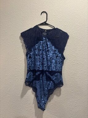 Victorias Secret Navy Blue Velvet & Lace Bodysuit